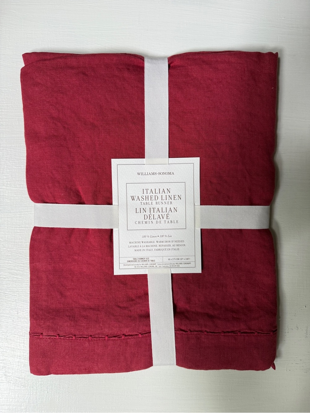 NWT Williams Sonoma Italian Washed Linen Table Runner Garnet Red 18 x 108